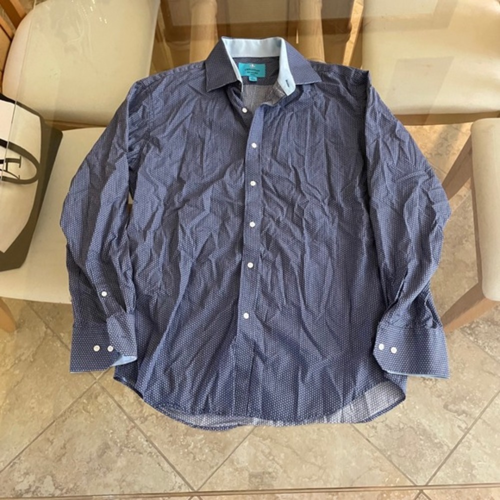 Christian Aujard Paris Mens Long Sleeve Button Down Shirt Blue Diamond Pattern L